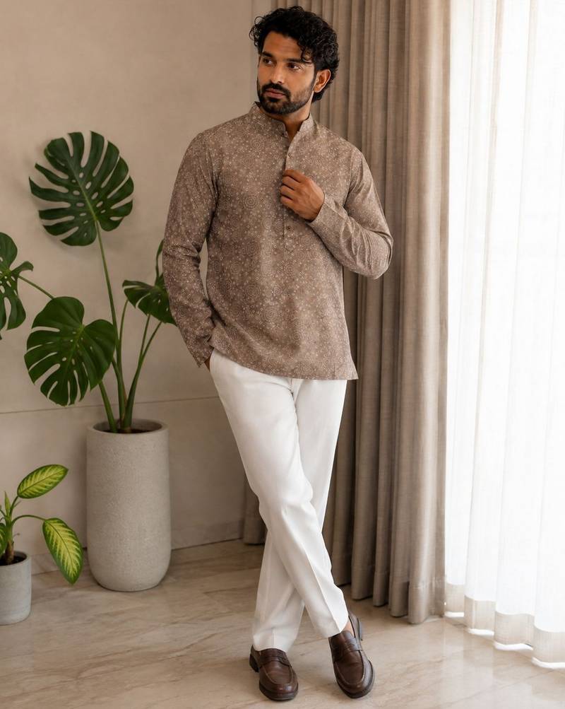 Mouve color smart designer printed short kurta for men's festive looks