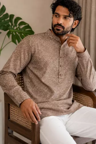 Mouve color smart designer printed short kurta for men's festive looks
