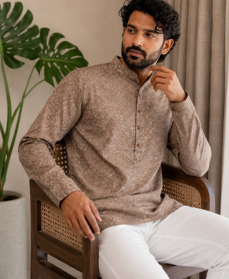 Mouve color smart designer printed short kurta for men's festive looks
