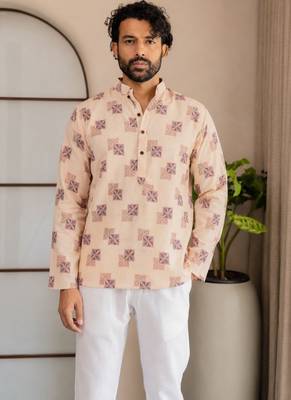 Yellow color smart designer printed short kurta for men's festive looks 1
