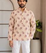 Yellow color smart designer printed short kurta for men's festive looks