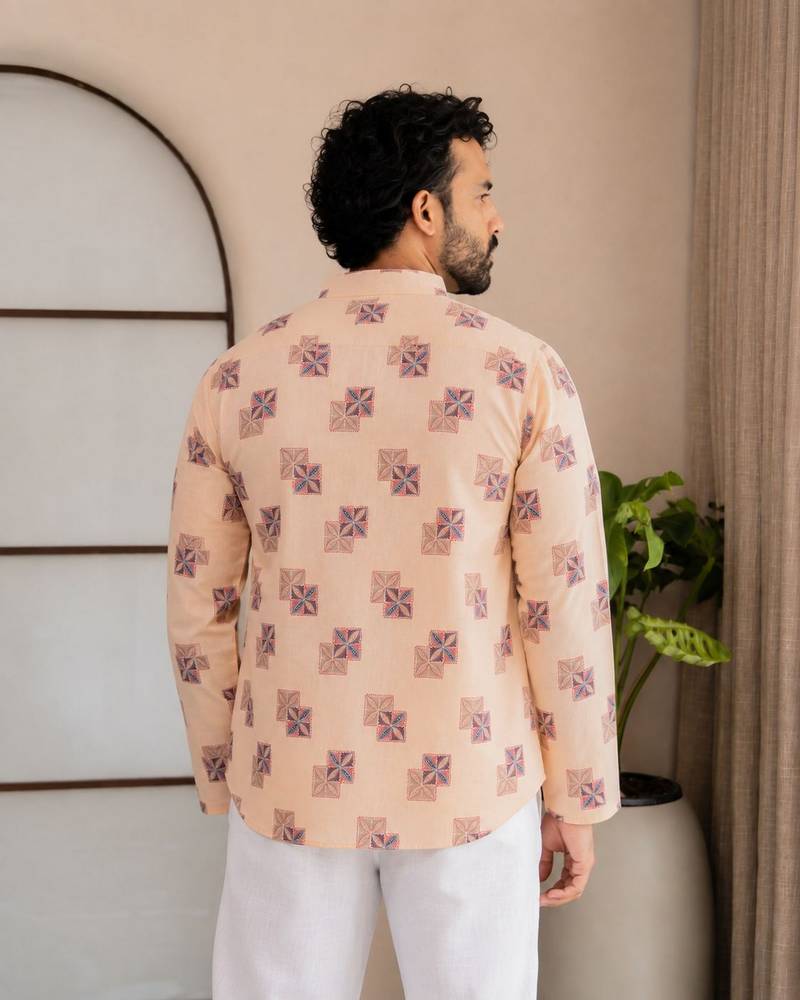 Yellow color smart designer printed short kurta for men's festive looks