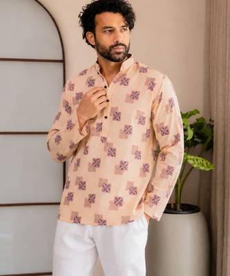 Yellow color smart designer printed short kurta for men's festive looks 3