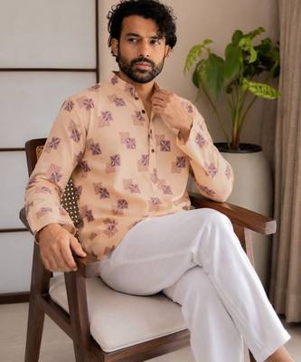 Yellow color smart designer printed short kurta for men's festive looks 4
