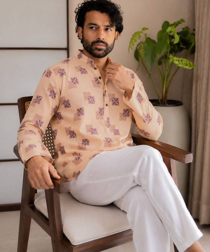 Yellow color smart designer printed short kurta for men's festive looks