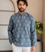 Blue color smart designer printed short kurta for men's festive looks