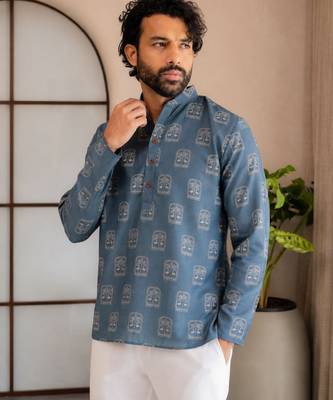 Blue color smart designer printed short kurta for men's festive looks 3