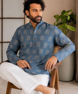 Blue color smart designer printed short kurta for men's festive looks 4