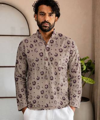 Grey color smart designer printed short kurta for men's festive looks 1