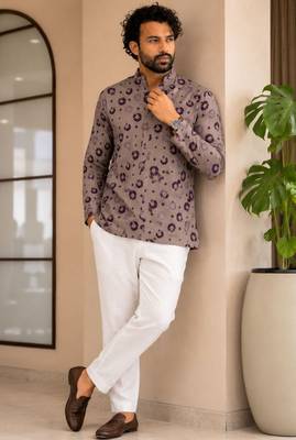Grey color smart designer printed short kurta for men's festive looks 3