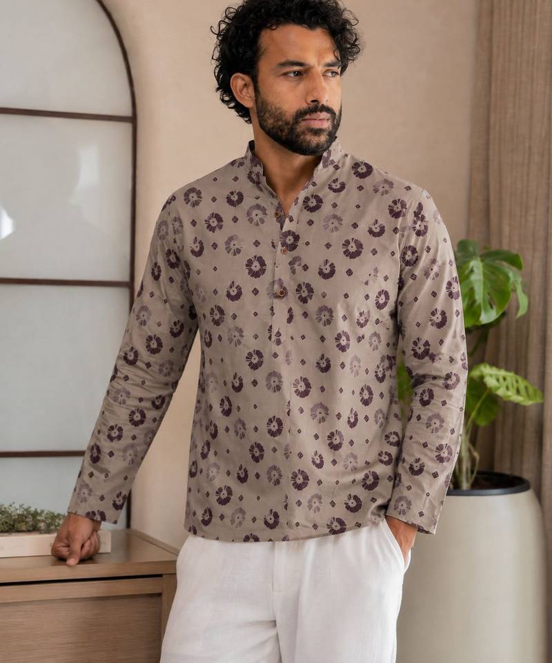 Grey color smart designer printed short kurta for men's festive looks