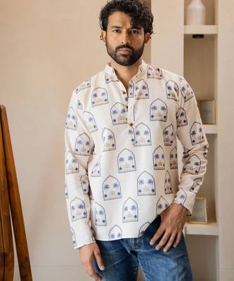 Ethnic cream color swiss linen fabric designer printed casual short kurta for men's 1