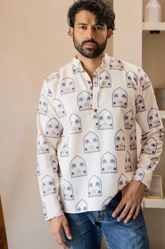 Ethnic cream color swiss linen fabric designer printed casual short kurta for men's