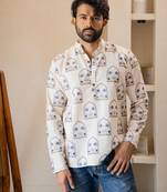 Ethnic cream color swiss linen fabric designer printed casual short kurta for men's