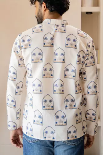 Ethnic cream color swiss linen fabric designer printed casual short kurta for men's