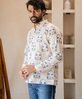 Ethnic cream color swiss linen fabric designer printed casual short kurta for men's 3