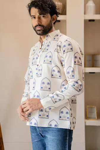 Ethnic cream color swiss linen fabric designer printed casual short kurta for men's