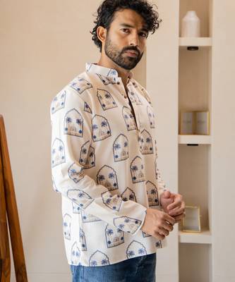 Ethnic cream color swiss linen fabric designer printed casual short kurta for men's 4