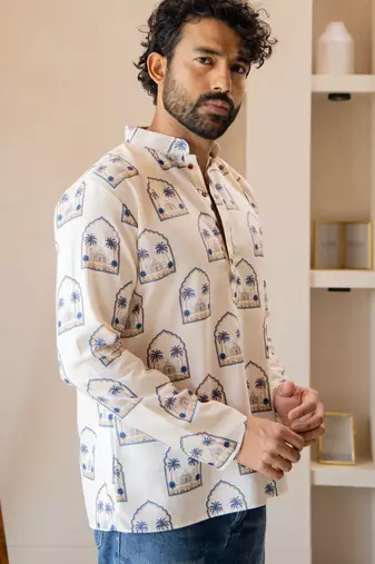 Ethnic cream color swiss linen fabric designer printed casual short kurta for men's