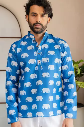 Ethnic blue color swiss linen fabric designer printed casual short kurta for men's