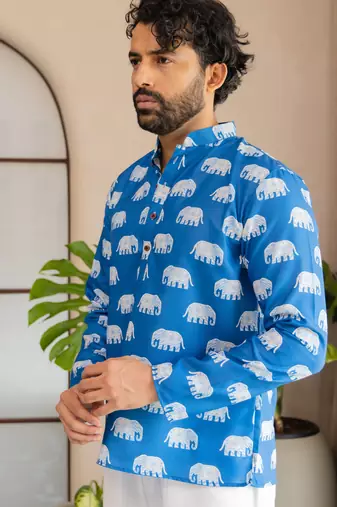 Ethnic blue color swiss linen fabric designer printed casual short kurta for men's