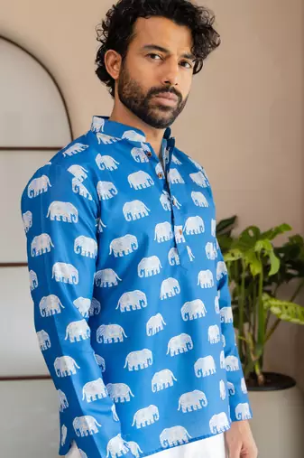 Ethnic blue color swiss linen fabric designer printed casual short kurta for men's