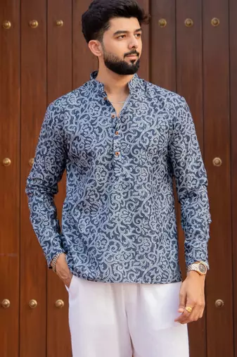 Ethnic blue color swiss linen fabric designer printed casual short kurta for men's