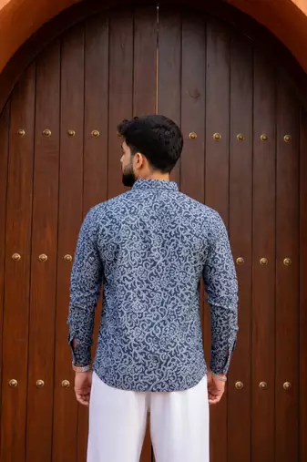 Ethnic blue color swiss linen fabric designer printed casual short kurta for men's