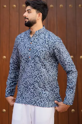 Ethnic blue color swiss linen fabric designer printed casual short kurta for men's