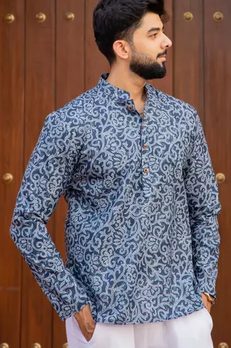Ethnic blue color swiss linen fabric designer printed casual short kurta for men's
