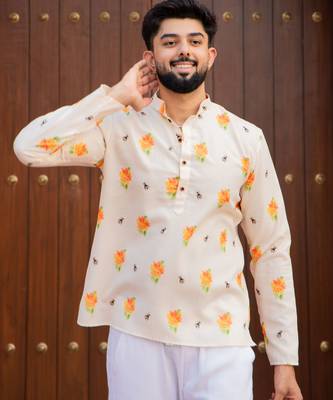 Ethnic cream color swiss linen fabric designer printed casual short kurta for men's 1