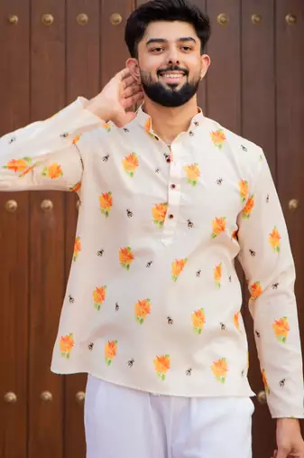 Ethnic cream color swiss linen fabric designer printed casual short kurta for men's