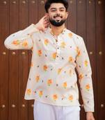 Ethnic cream color swiss linen fabric designer printed casual short kurta for men's