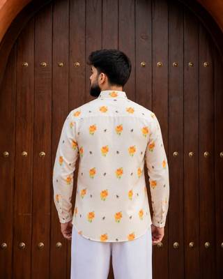 Ethnic cream color swiss linen fabric designer printed casual short kurta for men's 2