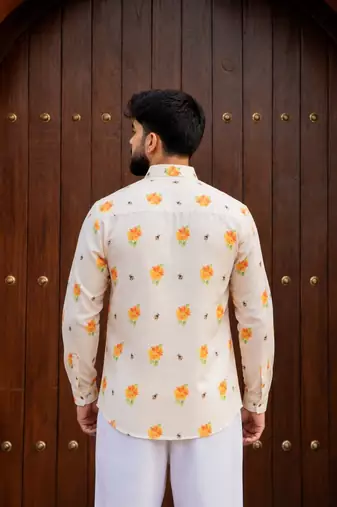 Ethnic cream color swiss linen fabric designer printed casual short kurta for men's
