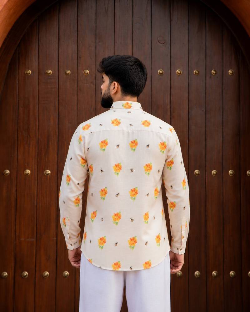 Ethnic cream color swiss linen fabric designer printed casual short kurta for men's
