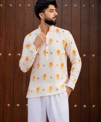 Ethnic cream color swiss linen fabric designer printed casual short kurta for men's 3