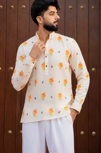 Ethnic cream color swiss linen fabric designer printed casual short kurta for men's