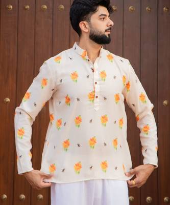 Ethnic cream color swiss linen fabric designer printed casual short kurta for men's 4
