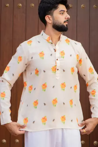Ethnic cream color swiss linen fabric designer printed casual short kurta for men's
