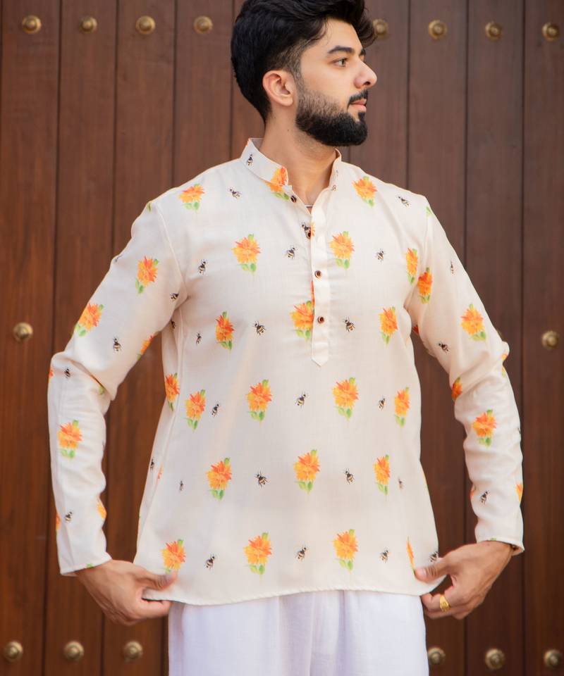 Ethnic cream color swiss linen fabric designer printed casual short kurta for men's