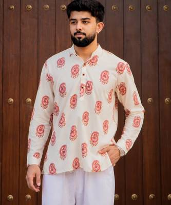 Ethnic cream color swiss linen fabric designer printed casual short kurta for men's 1