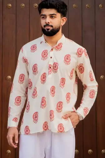 Ethnic cream color swiss linen fabric designer printed casual short kurta for men's