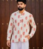 Ethnic cream color swiss linen fabric designer printed casual short kurta for men's