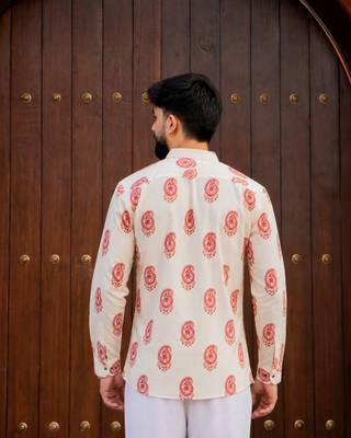 Ethnic cream color swiss linen fabric designer printed casual short kurta for men's 2