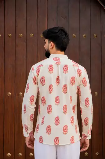 Ethnic cream color swiss linen fabric designer printed casual short kurta for men's
