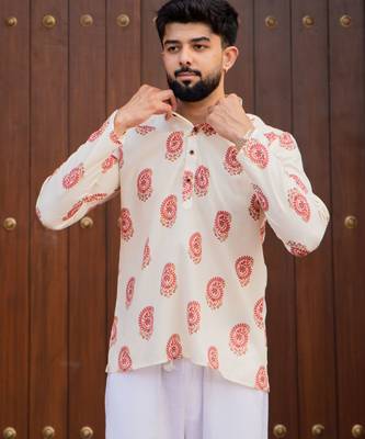 Ethnic cream color swiss linen fabric designer printed casual short kurta for men's 3