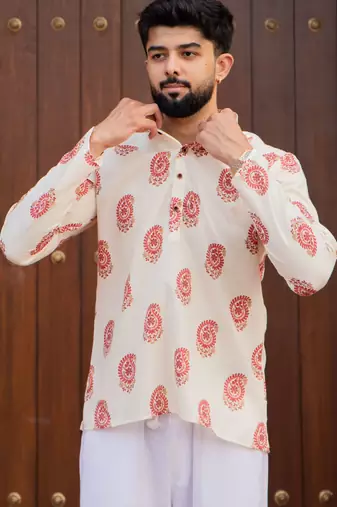 Ethnic cream color swiss linen fabric designer printed casual short kurta for men's