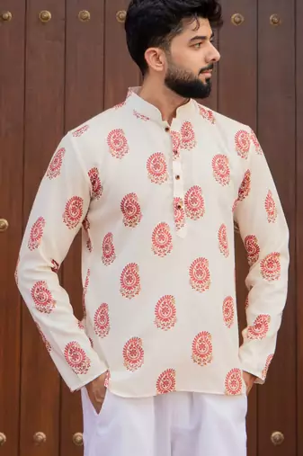 Ethnic cream color swiss linen fabric designer printed casual short kurta for men's