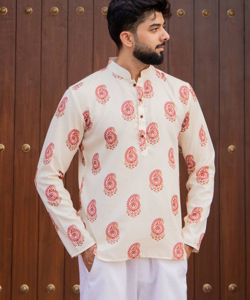 Ethnic cream color swiss linen fabric designer printed casual short kurta for men's